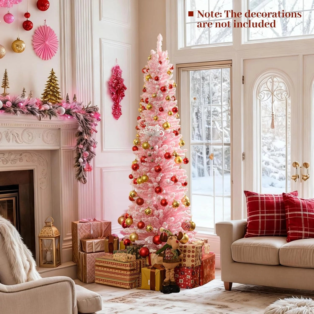 180 cm Albero di Natale Artificiale Rosa, Albero di Natale a Matita con 460 Punte di Rami Innevati e Base Pieghevole in Metallo, Albero non Illuminato per Festa e Decorazione