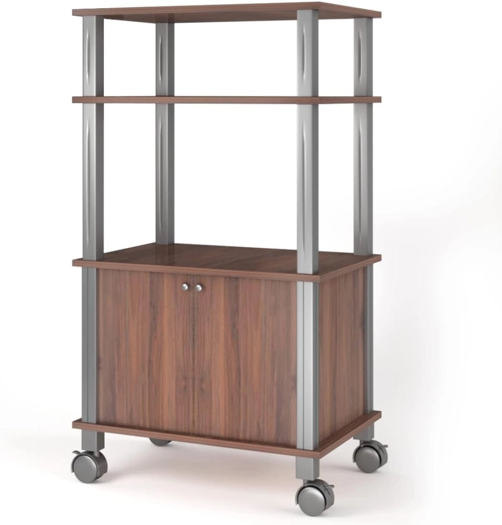 Carrello a rotelle a microonde, carrello da cucina a microonde, con 4 ruote e 2 freni, ripiano portaoggetti a 3 livelli e armadio ante,60 x 40 x 98 cm (Marrone)