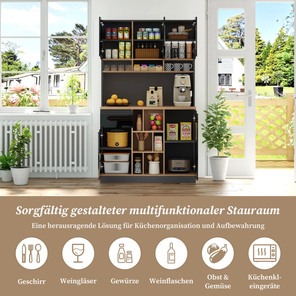 Dispensa alta con ripiani in MDF con cassetto, scomparti aperti e ante per cucina, antracite e nero 105 × 45 × 185 cm