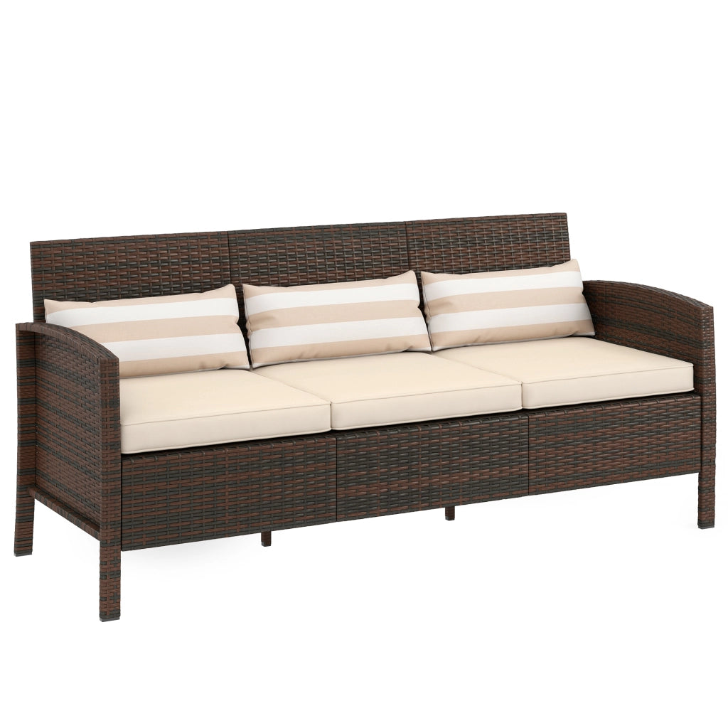 Divano 3 Posti da Esterno in Rattan PE con Cuscini Imbottiti e Sfoderabili, 173x68x78 cm, Marrone