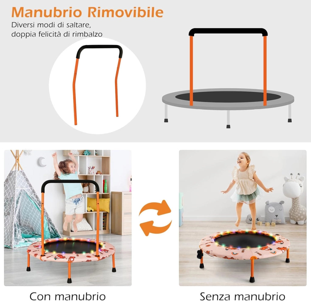 Trampolino per Bambini da Interno ed Esterno, Tappeto Elasctico Bambini 3-6 Anni in Acciaio con Maniglia Rimovibile, Luci LED, Cuscinetti Antiscivolo e Copertura Protettiva