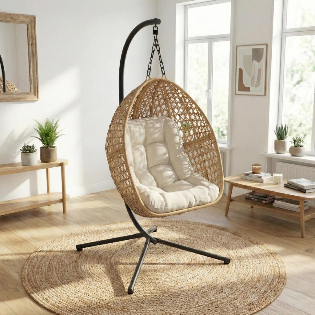 Poltrona Moon Traforata in Rattan con Cuscino Ecrù