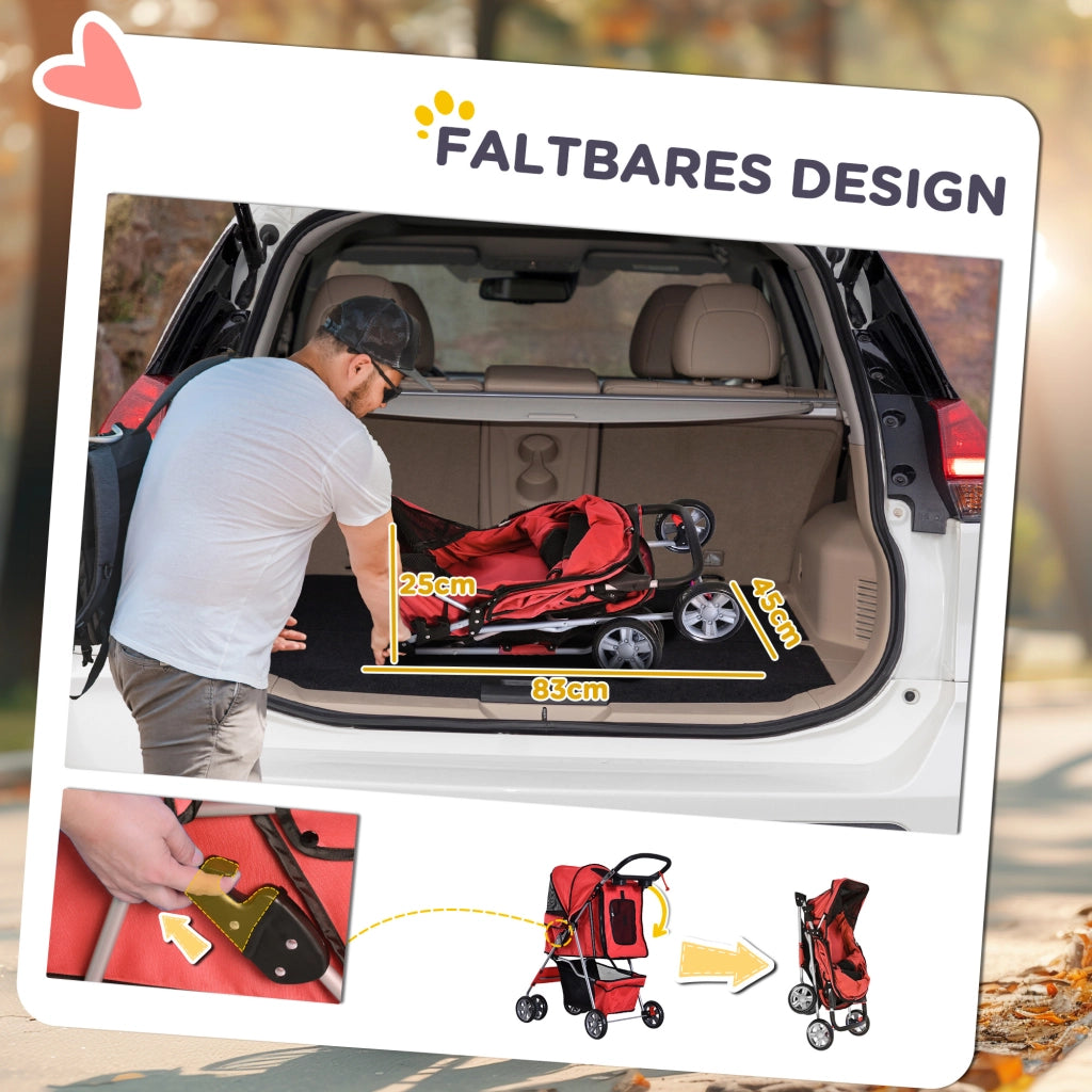 Carrello pieghevole per trasporto cani con accesso a due vie, cestino inferiore, rete anti-insetti, poliestere rosso