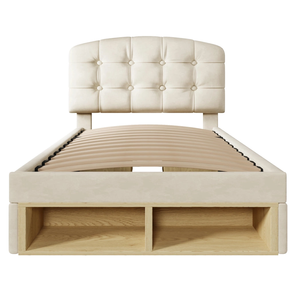 Letto singolo 90x200 cm con testiera regolabile; cassetti e vani; velluto beige