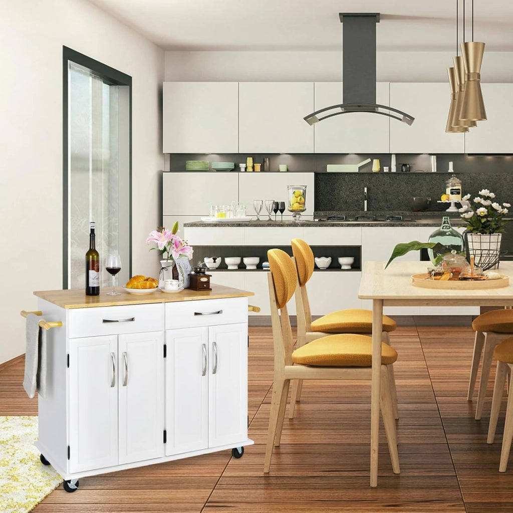 Carrello da Cucina con Cassetti, Isola Cucina con Piano in Legno di Gomma, con 4 Ante Ripiani Regolabili e Porta Asciugamani, per Cucina Bar Ristorante, 122x48x93 cm (Bianco)