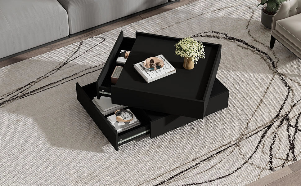 TAVOLINO DA CAFFÈ Girevole 360° 60x60x38 cm Nero con 2 Cassetti