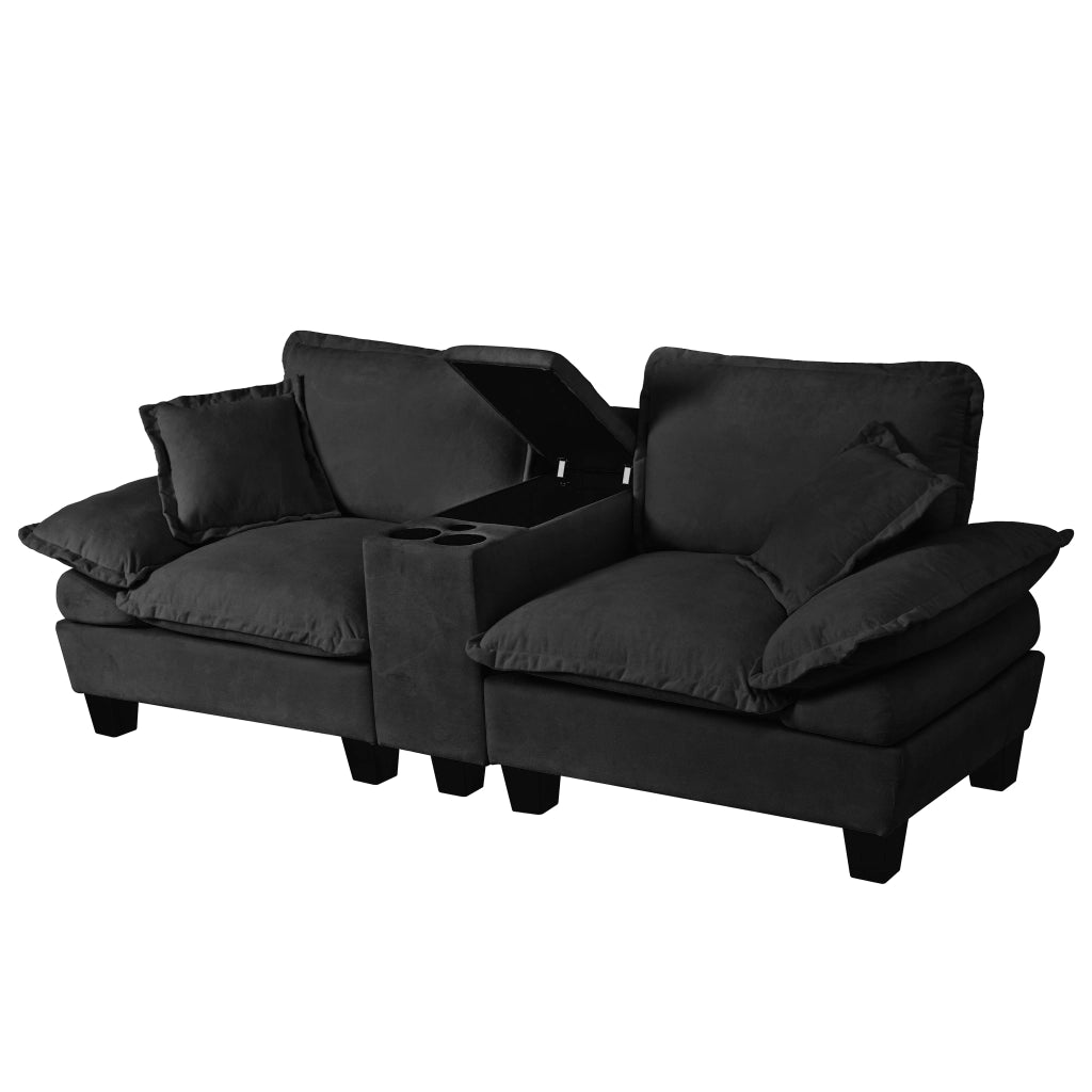 Divano modulare con USB; contenitore e portabicchieri - in chenille - nero - 224 × 82 × 90 cm