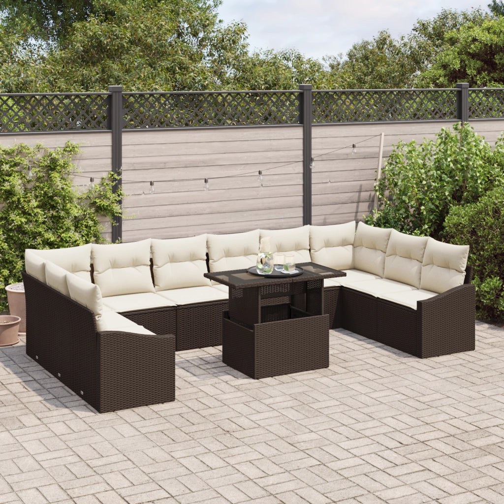 Set di divani da giardino 11 pezzi con cuscini marrone in polirattan