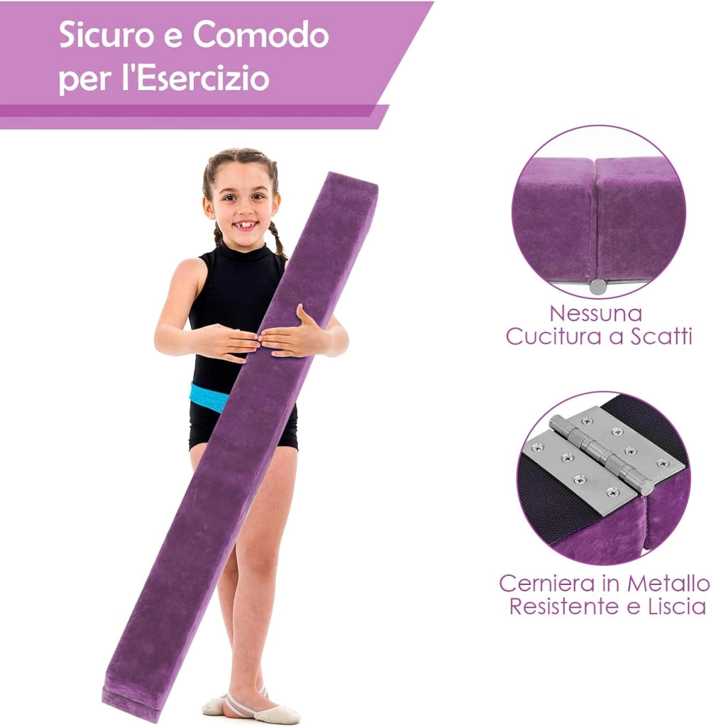 Trave Ginnastica Artistica per Casa 210/240 cm, Trave Pieghevole per Bambini con Maniglia, Base in Legno e Fondo Antiscivolo, Trave di Equilibrio da Pavimento