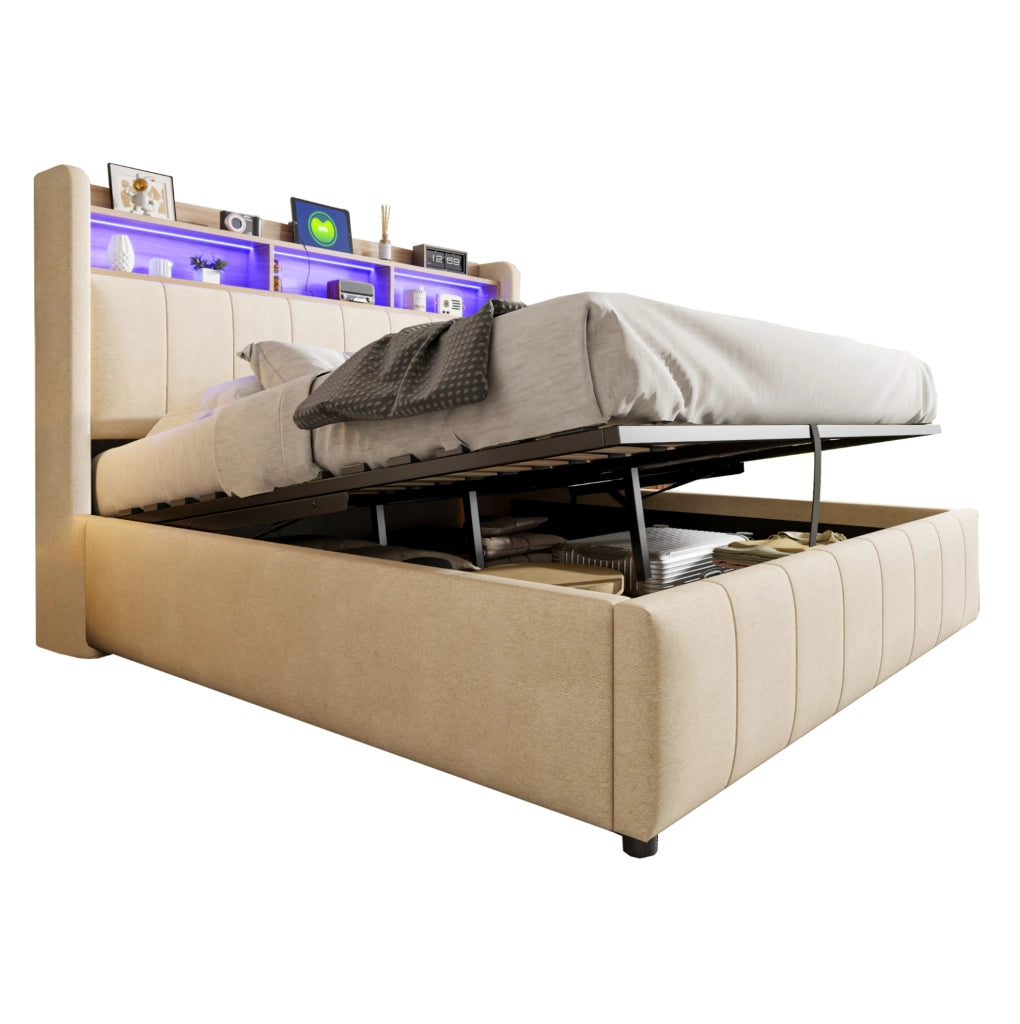 Letto matrimoniale imbottito 160x200 cm in tessuto effetto lino beige con LED; USB e contenitore