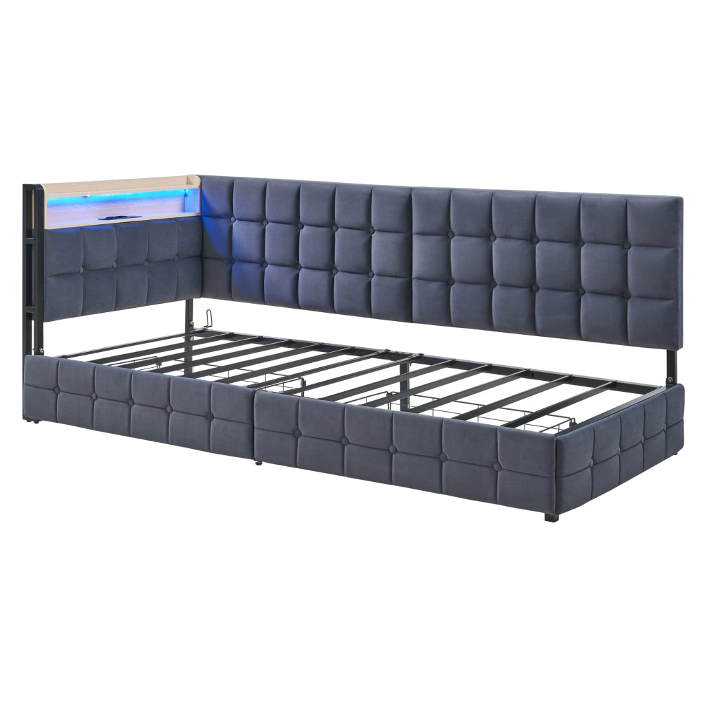 Divano letto singolo 90x200 in velluto grigio con LED; prese USB e 2 cassetti