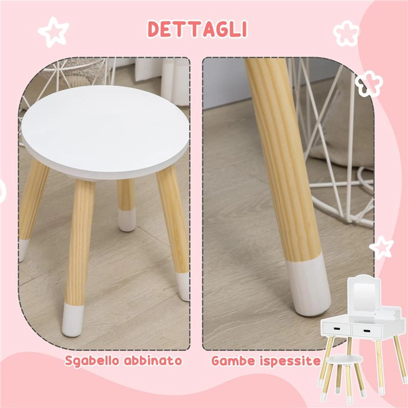 SET TOELETTA PER BAMBINI CON TAVOLO TRUCCO E SGABELLO SPECCHIO E 2 CASSETTI BIANCO E COLORE LEGNO