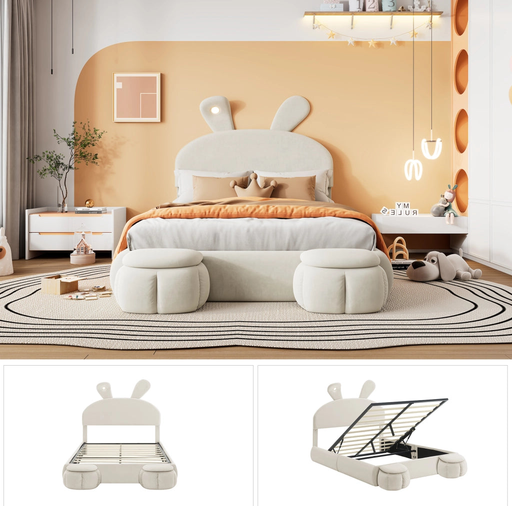 Letto imbottito con LED e contenitore beige 140x200 cm