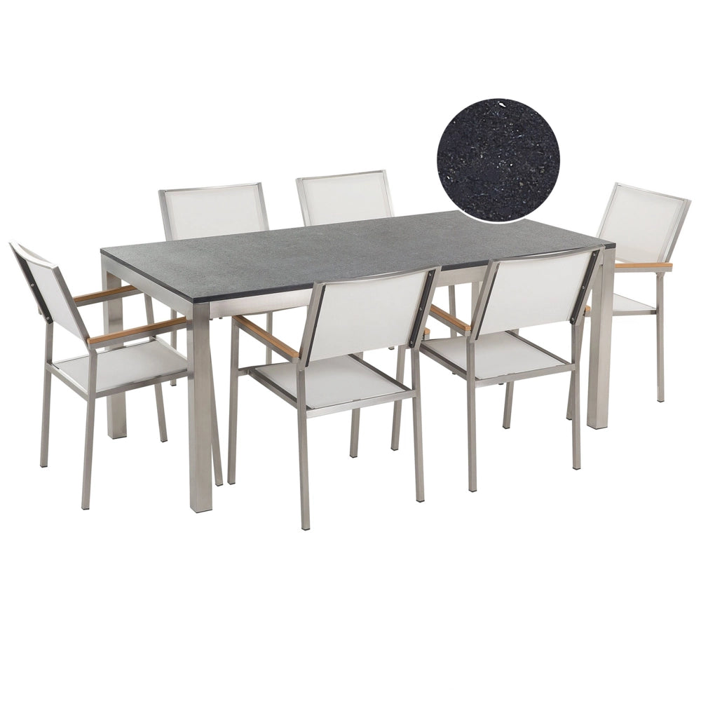 Set da pranzo da giardino bianco con piano in granito Nero 6 posti 180 x 90 cm