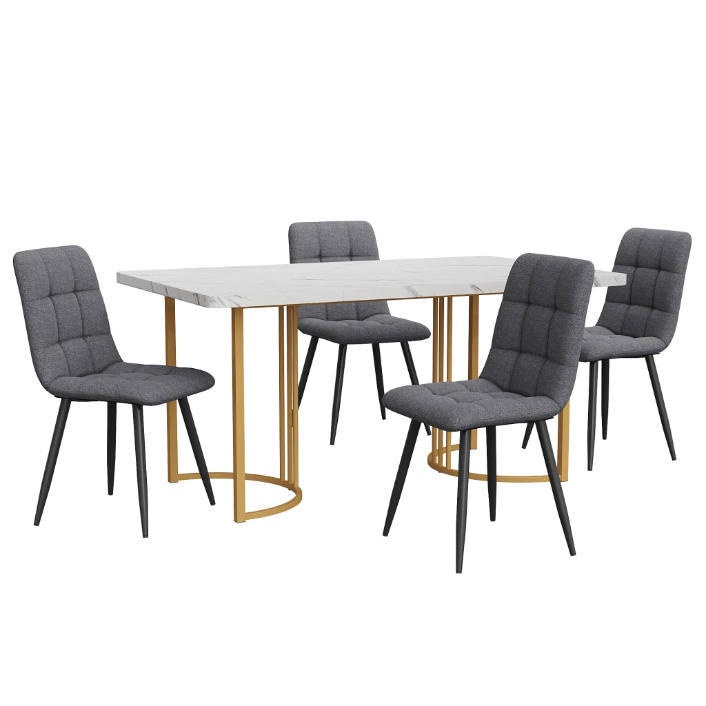 Tavolo da pranzo per 4 persone con 4 sedie, piano in MDF effetto marmo, struttura in metallo, per cucina, bianco