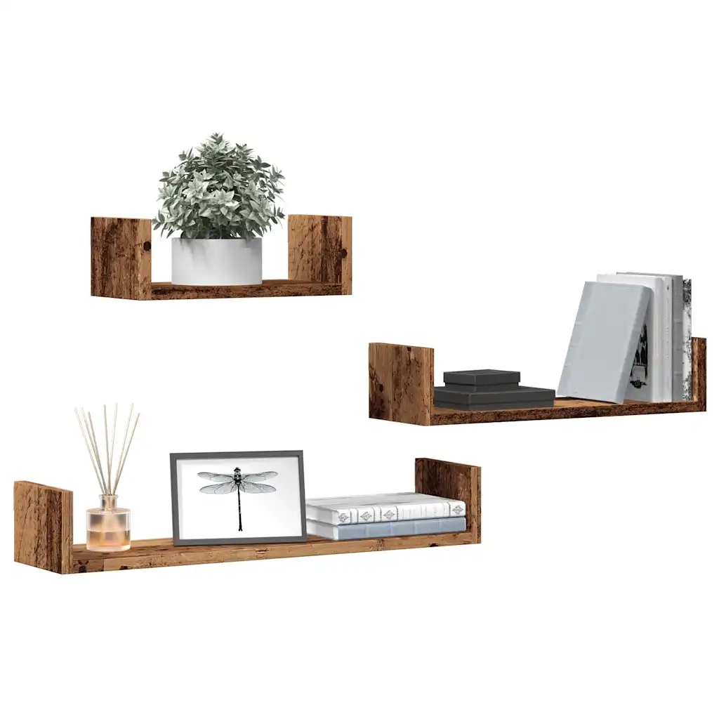 Mensole a Parete 3pz Legno Antico in Legno Multistrato 855792