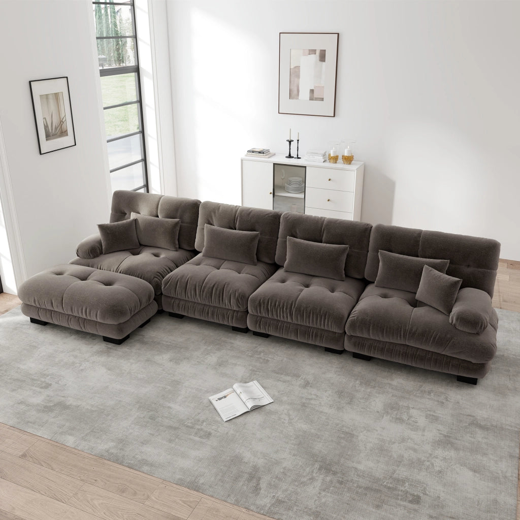 Divano angolare modulare in chenille con ottomana mobile e cuscini lombari, stile vintage marrone