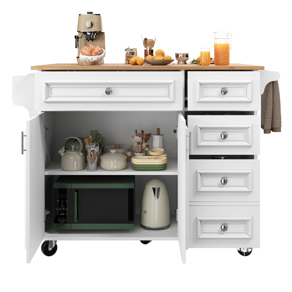 OKWISH Carrello da Cucina con Piano Ribaltabile, Cassetti e Ripiani Regolabili, per Cucina e Sala da Pranzo, Bianco
