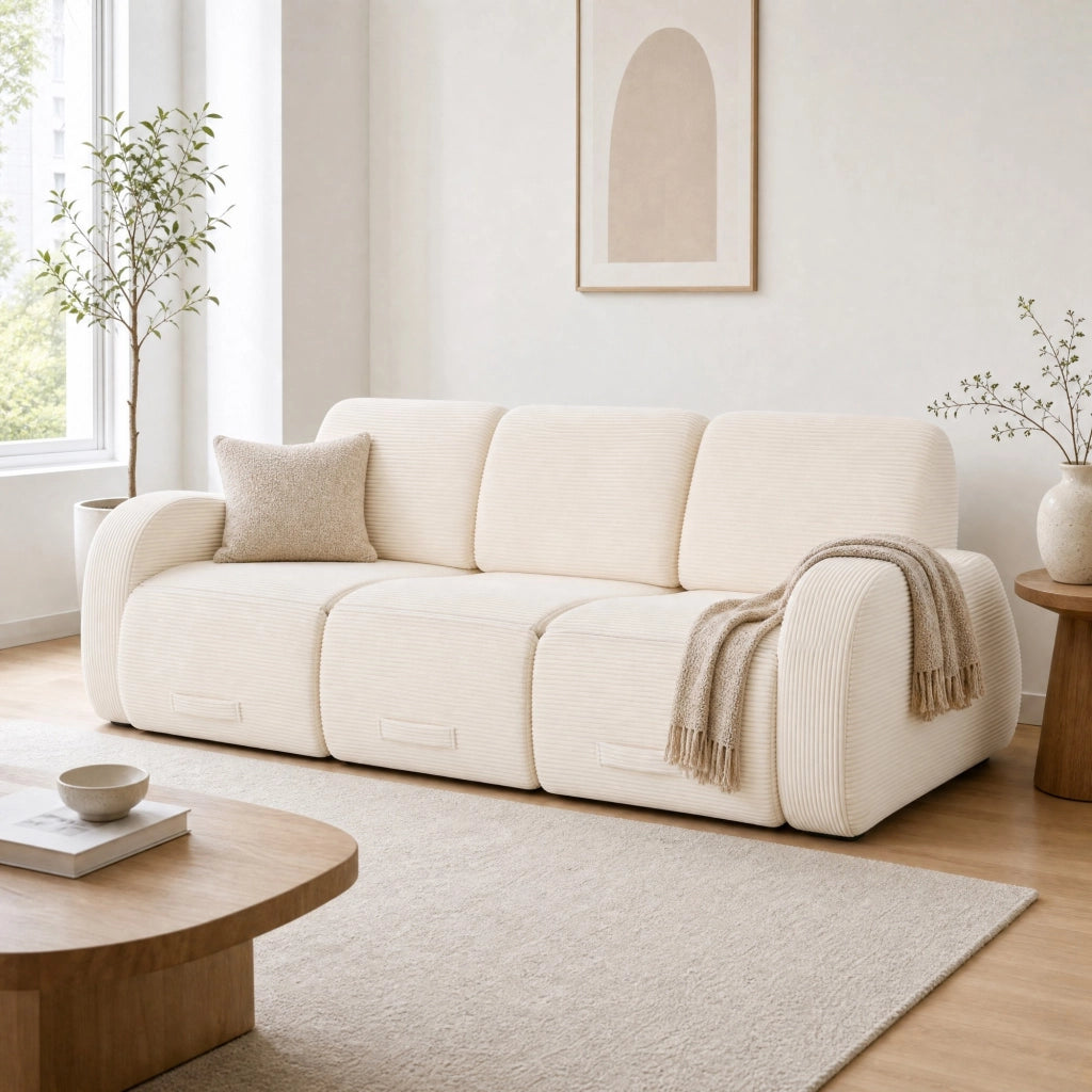 Divano modulare a tre moduli in velluto a coste con funzione letto, senza montaggio né attrezzi, beige 115 × 247 × 76 cm