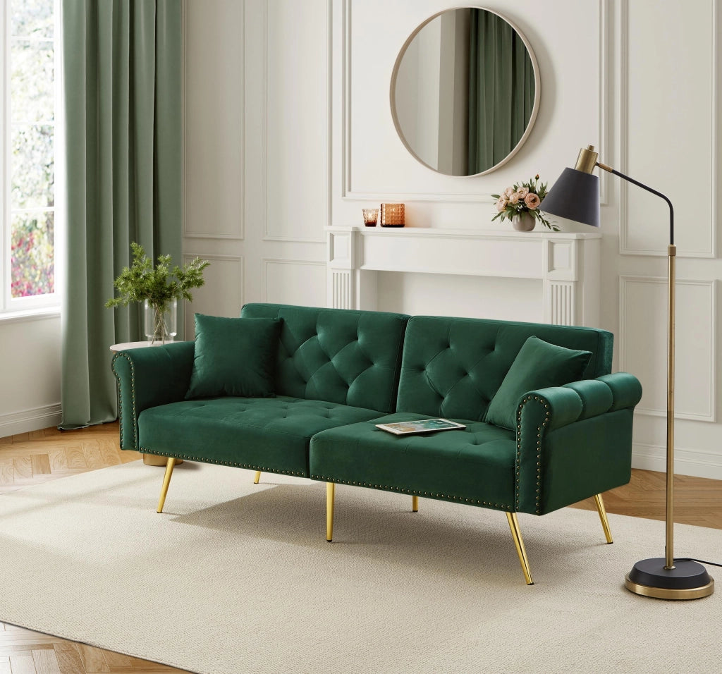Divano Letto 2 Posti ¨C MINIMAL ¨C Velluto, Schienale Regolabile, Piedini Dorati