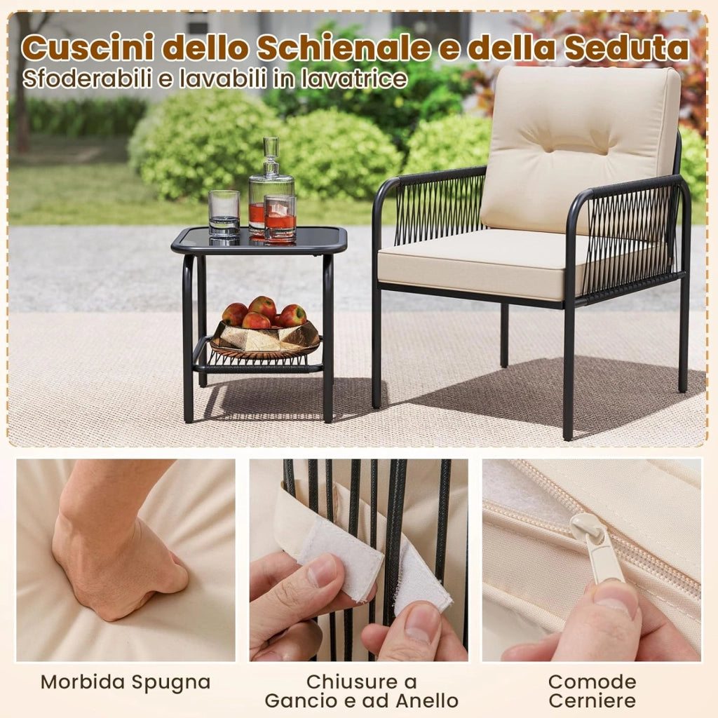 3 Pezzi Set di Mobili da Esterno in Rattan PE, con Tavolino in Vetro Temperato, Cuscini per Schienale e Seduta, Set da Conversazione per Giardino, Veranda, Cortile e Piscina, Beige e Nero