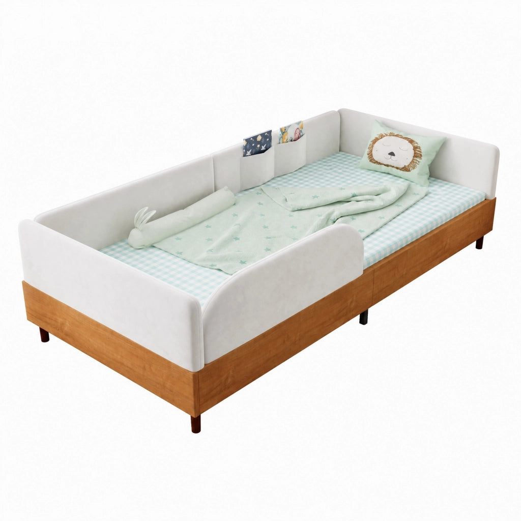 Letto con Sponda 90x200 cm; Letto Singolo - 2 Tasche - Velluto - Bianco e Naturale
