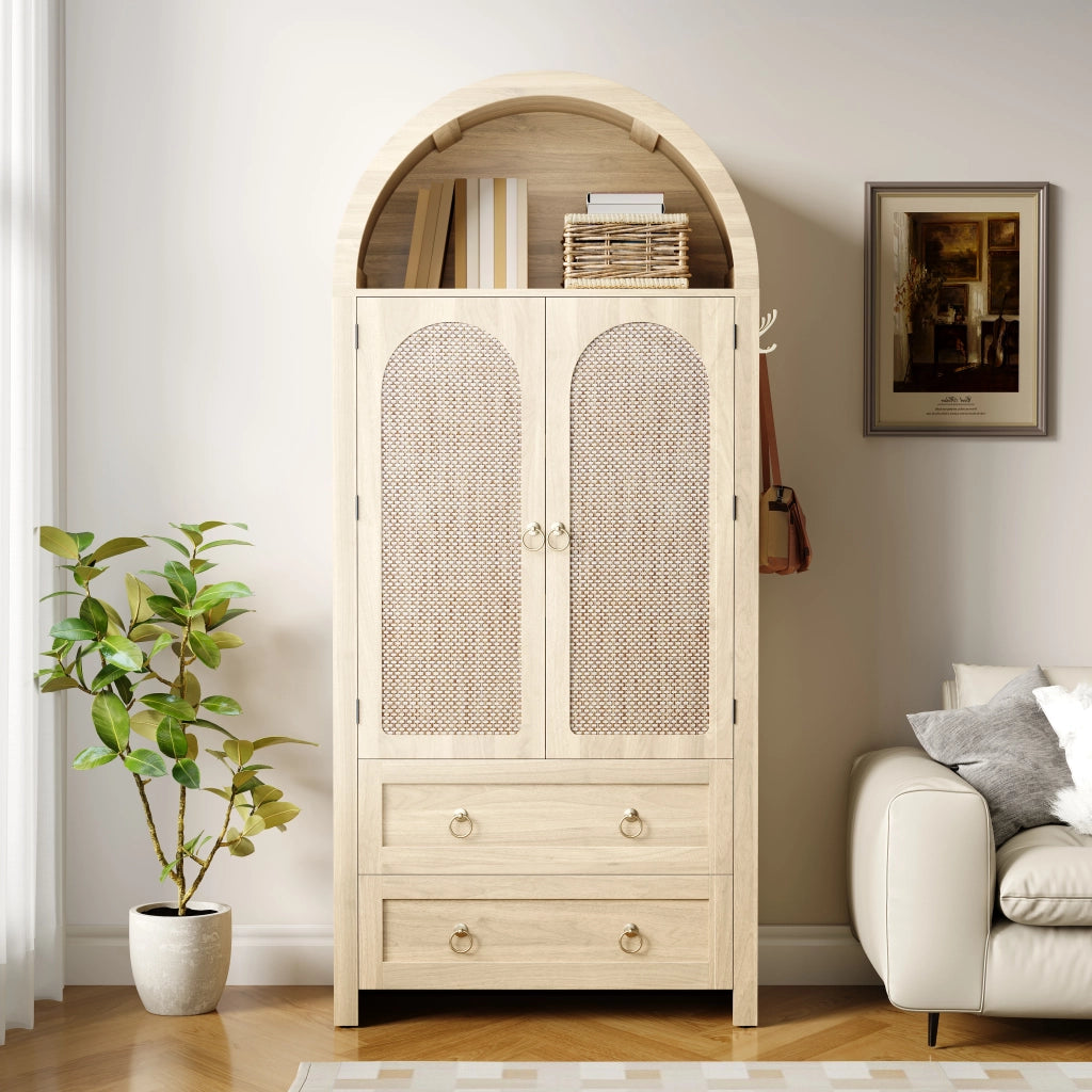 Credenza con 2 Cassetti; Ante in Rattan e Ganci Laterali; Stile Vintage; in MDF; Rovere; 80??40??180 cm