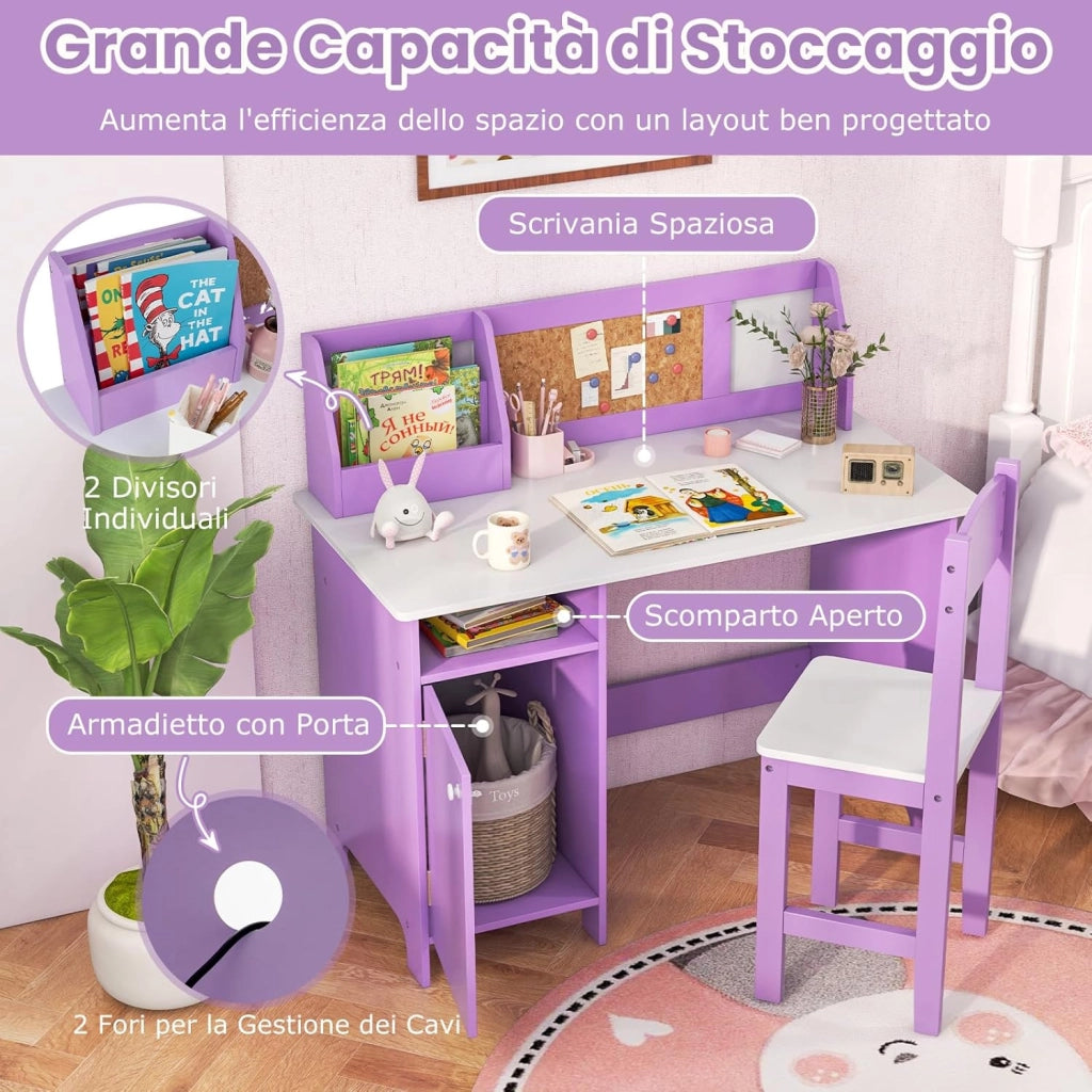 Set Scrivania e Sedia per Bambini per Studio e Lettura, Viola | Banco Scuola con Sedia Ergonomica, Lavagna Bianca, Pennarello, Armadietto e Bacheca, Postazione Computer per Cameretta Studio