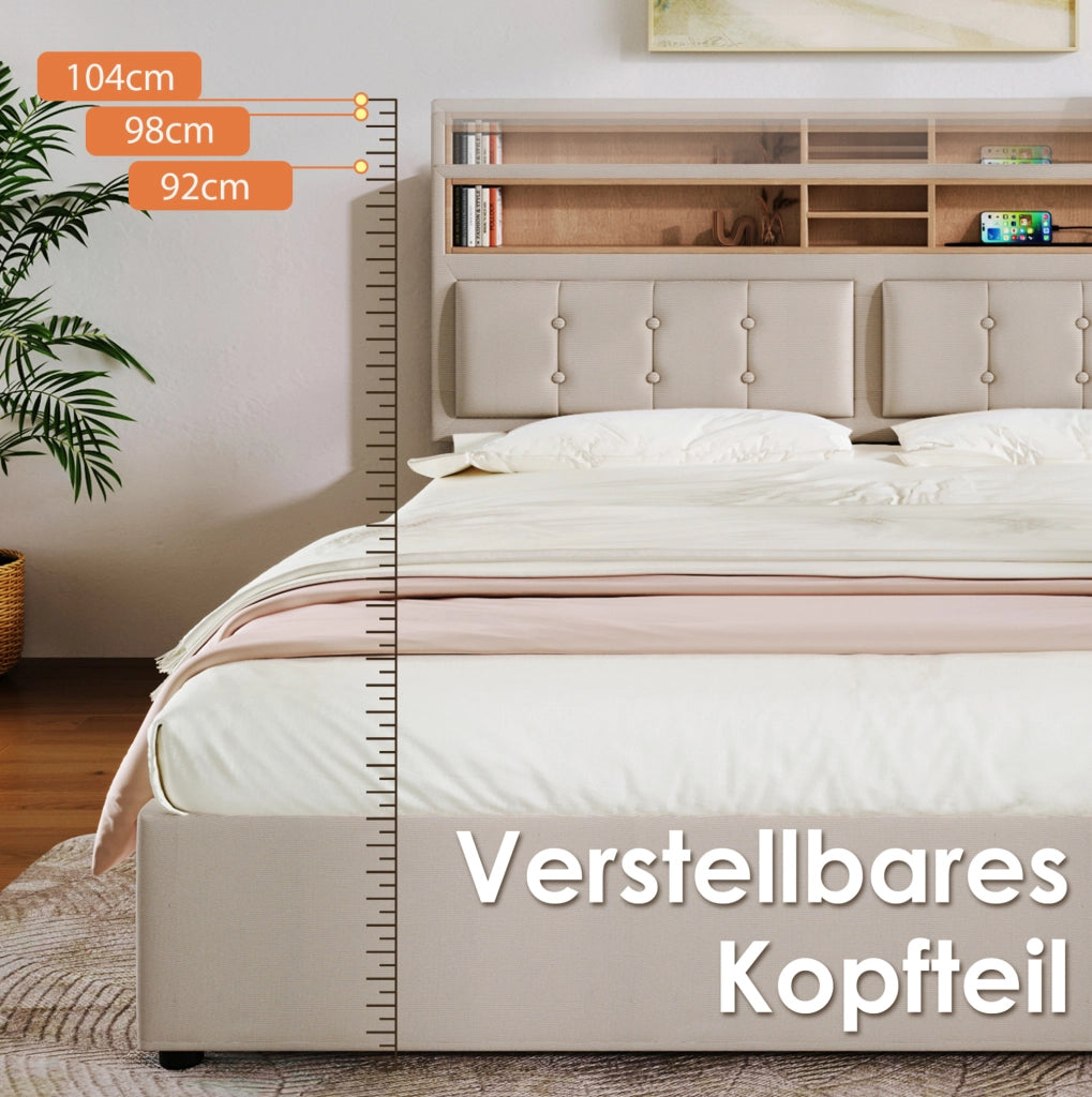 Letto matrimoniale 140x200 cm imbottito in lino beige con 4 cassetti; testiera regolabile e materasso
