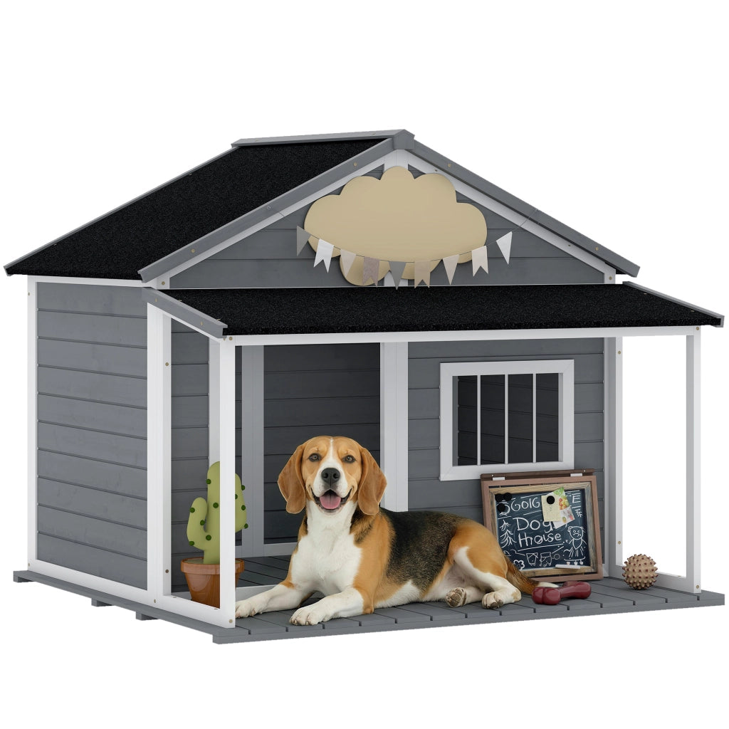 Cuccia per Cani da Esterno con Terrazza, Finestra e Tetto Impermeabile, 124x112x105cm, Grigio