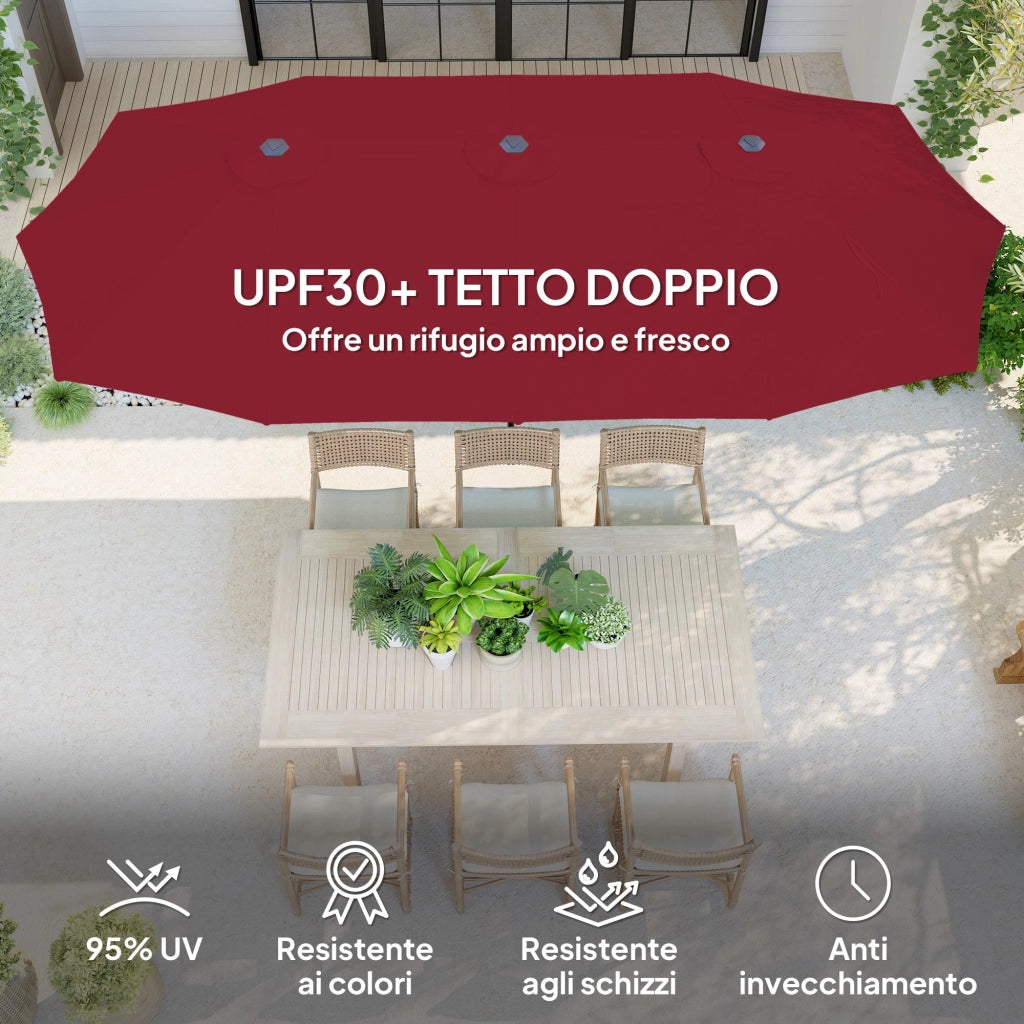 Ombrellone Doppio da Giardino 400x220x234H cm con Prese d'Aria e Manovella Nero e Rosso