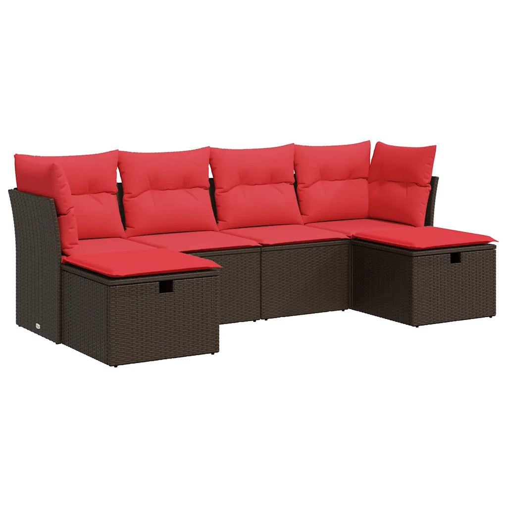 Set Divano da Giardino 6 pz con Cuscini Marrone in Polyrattan