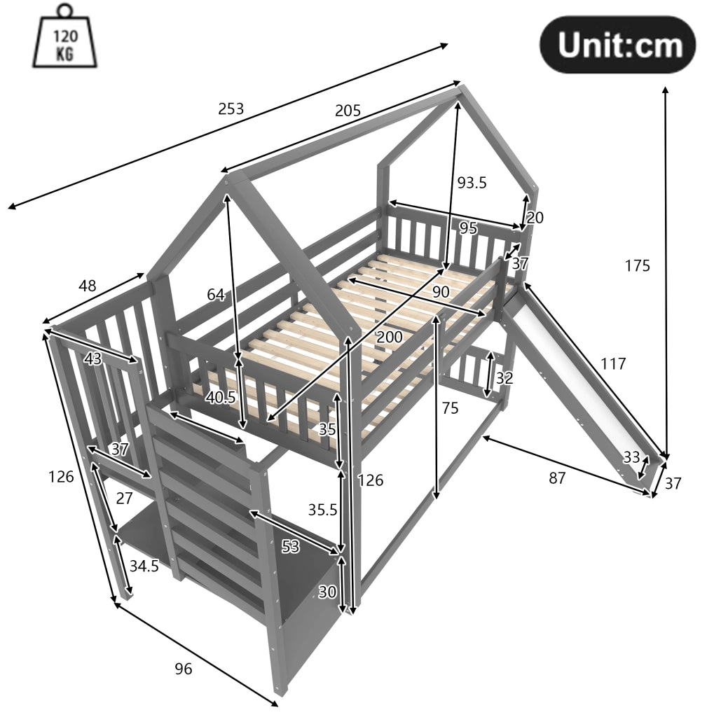 Letto a castello a casetta con scivolo e scala contenitore 90x200 cm