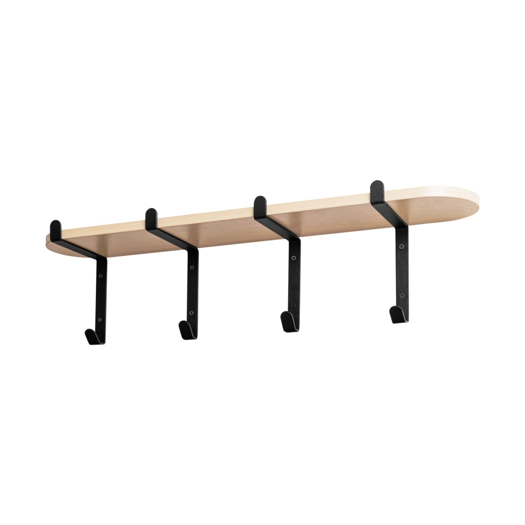 Ebisa - Appendiabiti da parete con 4 ganci in metallo e mensola in legno da 70x13 cm