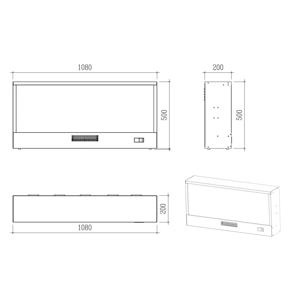 Camino Elettrico da Incasso Effetto Fiamma 108x20x50,7 cm 1500W Sined Ispica 108 Nero