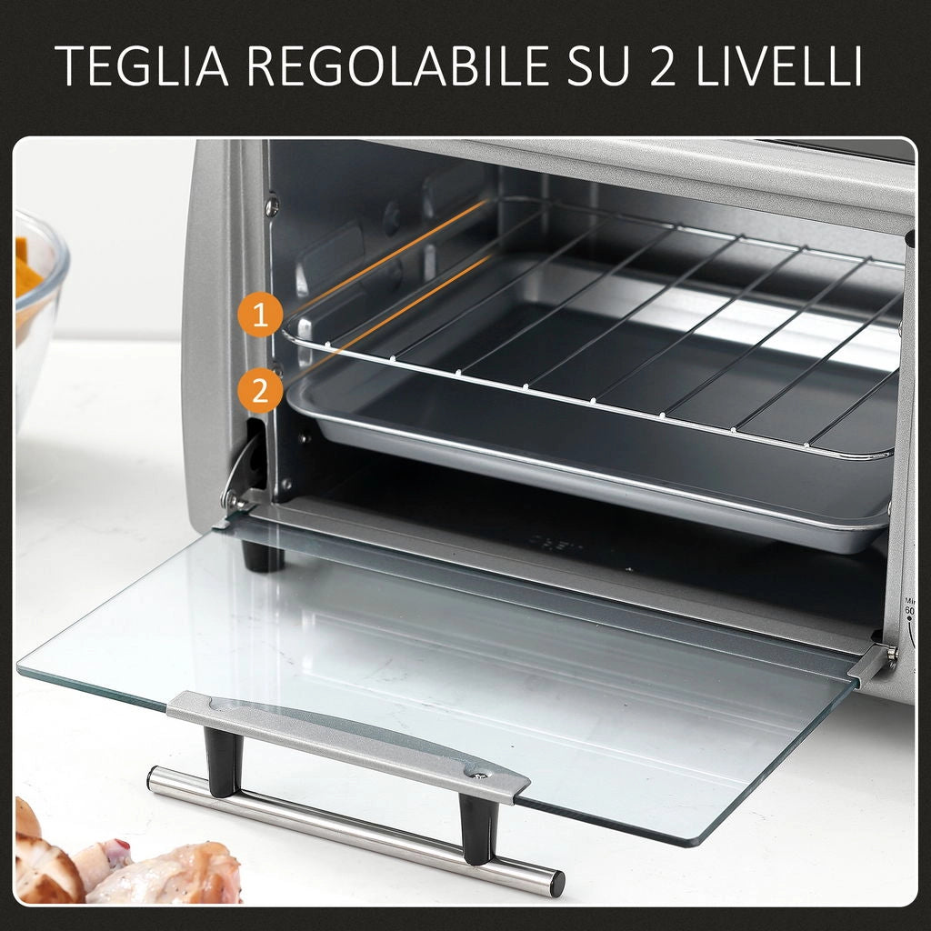 FORNETTO ELETTRICO 10 L TEMPERATURA REGOLABILE E TIMER +GRIGLIA E TEGLIA INCLUSE 750 W 36.5X26X22 CM ARGENTO NERO