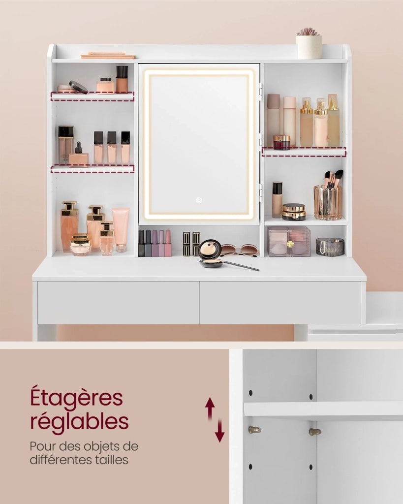 Toeletta con grande specchio LED luminosità regolabile tavolo da trucco con specchio scomparti 40 x 117,5 x 145 cm ripiani regolabili moderno bianco nuvola 12_0005174