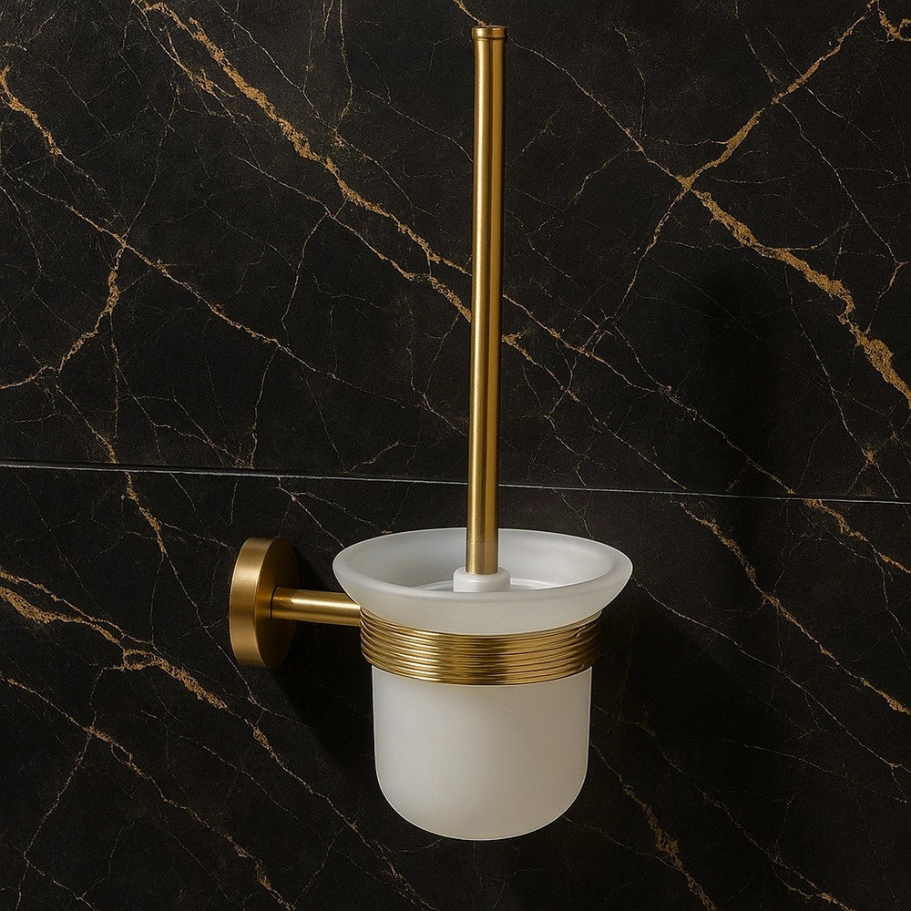 Trade Shop - Porta Scopino Per Wc In Acciaio Oro Con Bicchiere Vetro Satinato Accessorio Bagno 87935 -