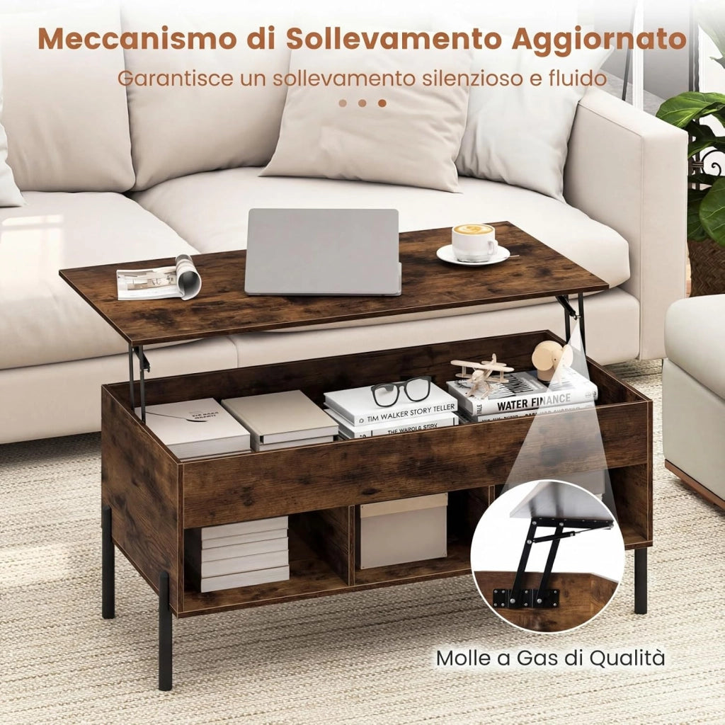 Tavolino da Caffè Sollevabile, Tavolino da Salotto con Piano Regolabile in Altezza, Scomparti e Piedini Antiscivolo, Design Moderno, per Soggiorno, Camera da Letto, Studio (Marrone)