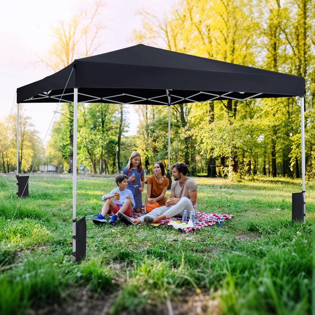Gazebo da Esterno Pieghevole 290 x 290 cm, Gazebo Pop up con 4 Sacchi di Sabbia e Borsa da Trasporto, Regolabile in Altezza, Telaio Robusto in Metallo, per Mercato, Campeggio (Nero)