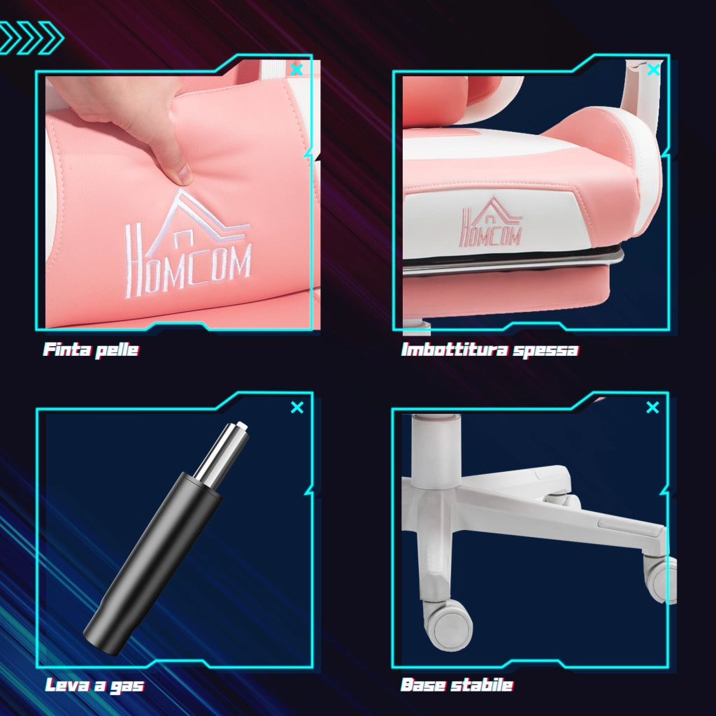Sedia da Gaming Ergonomica ¨C Xylo ¨C Con Orecchie da Gatto, Poggiapiedi, Supporto Lombare e Cervicale, Rosa