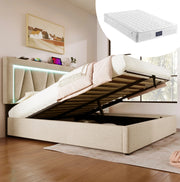 Letto matrimoniale 140x200 beige con materasso, LED, USB-C e vano contenitore
