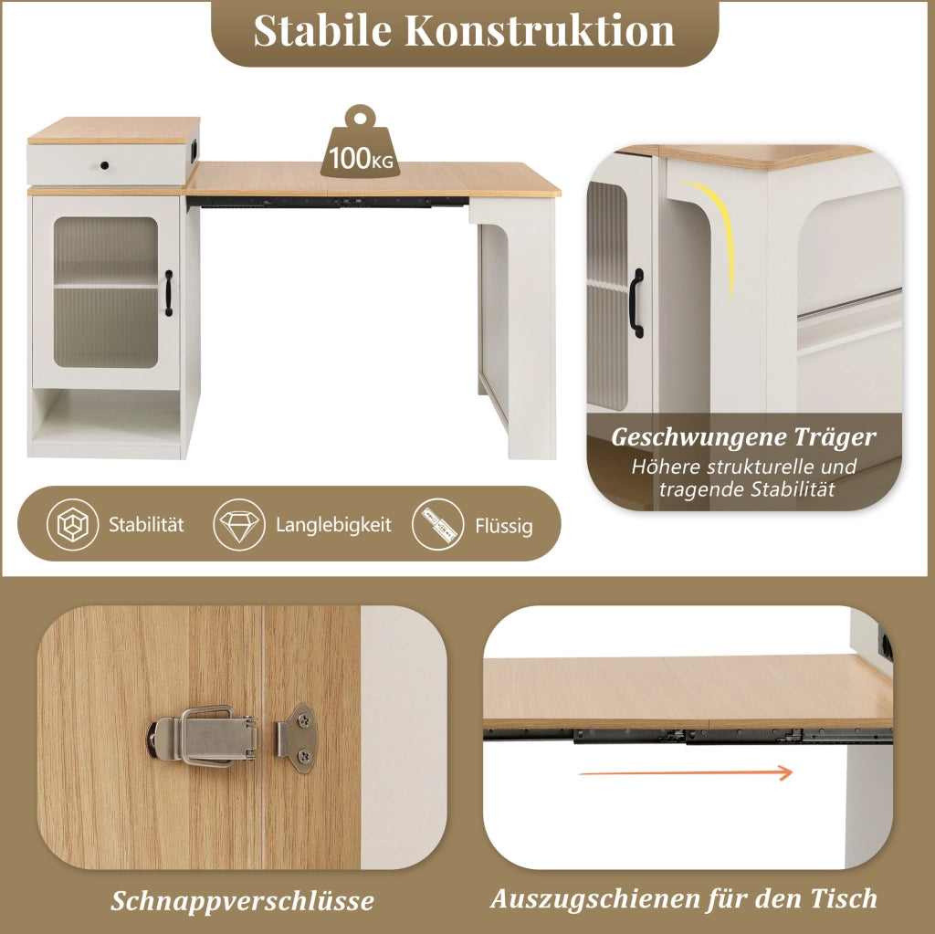 Isola da cucina con tavolo estensibile e prese integrate; MDF e vetro; bianco e naturale