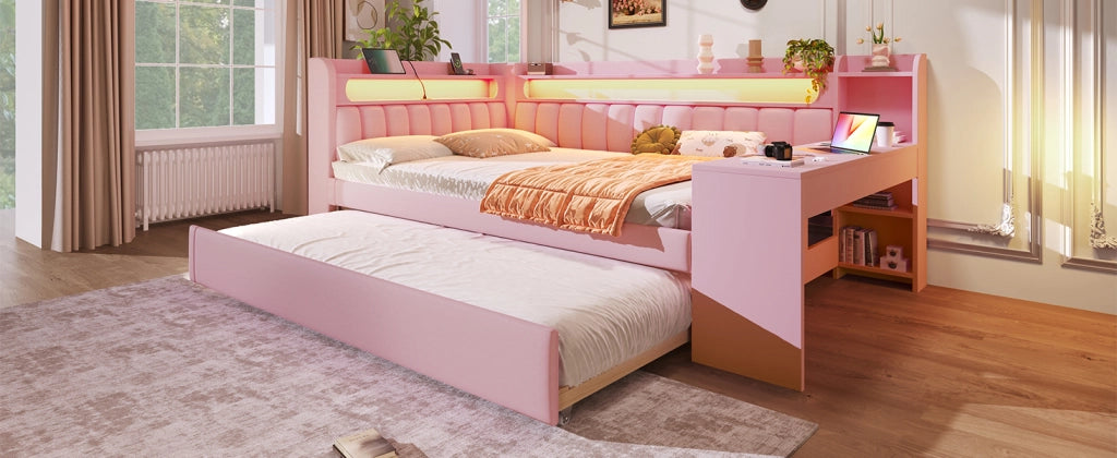 Daybed imbottito con USB, LED, letto estraibile e scrivania, 140x200 cm, rosa