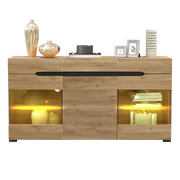 Credenza con 3 Ante e 3 Cassetti e LED; Frontale Lucido; Stile Moderno; Soggiorno; in Pannello Truciolare; 140??35??80 cm; Rovere