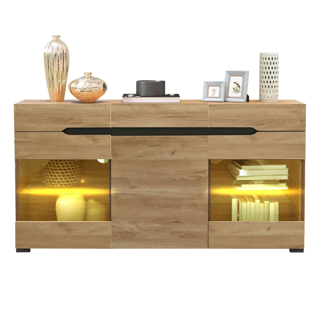 Credenza con 3 Ante e 3 Cassetti e LED; Frontale Lucido; Stile Moderno; Soggiorno; in Pannello Truciolare; 140??35??80 cm; Rovere