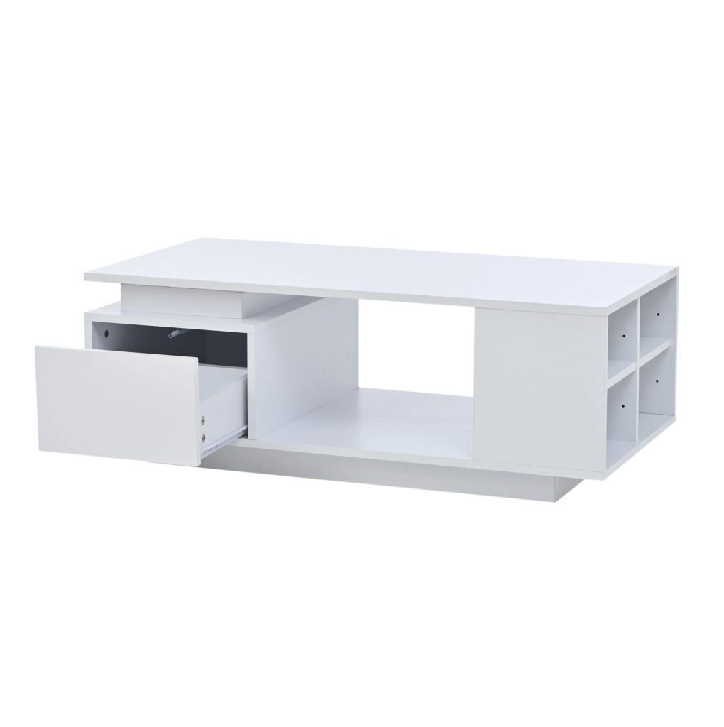 Tavolino da caffè 100x50x36 cm con cassetto; LED e finitura lucida; bianco