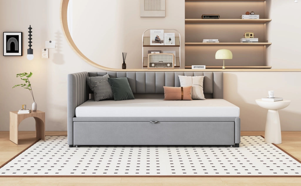 Divano letto a L con letto estraibile velluto grigio 90x200 cm