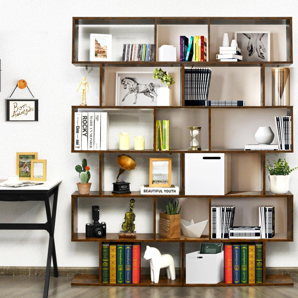 Libreria a 6 livelli a forma di S con dispositivo antiribaltamento-Scaffale di legno per casa e ufficio Caff¨¨