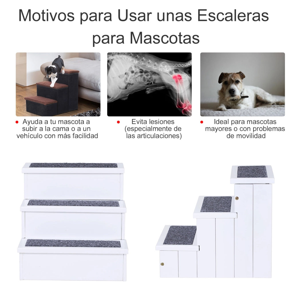 Scaletta per Animali Domestici ¨C Xylo ¨C 3 Gradini con Vano Contenitore Antiscivolo 40,5x44,5x38 cm Bianco